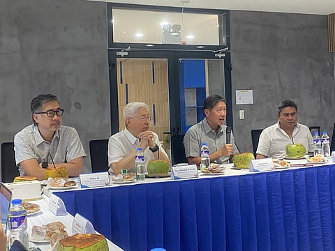 Answering questions from media after a tour of SteelAsia’s Compostela, Cebu plant are (from left): Andre Sy, SteelAsia’s president and chief operating officer; Trade and Industry Secretary Alfredo Pascual; SteelAsia chairman and CEO Benjamin Yao, and Rafael Hidalgo, SteelAsia SVP for Business Development.