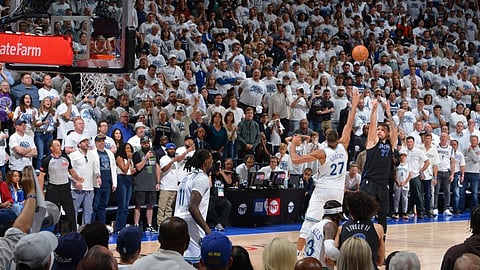(FILES) Luka Doncic #77 of the Dallas Mavericks scores the game-winning shot during the game against the Minnesota Timberwolves during Game 2 of the Western Conference Finals of the 2024 NBA Playoffs on 24 February 2024 at Target Center in Minneapolis, Minnesota.