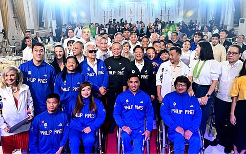 PRESIDENT Ferdinand ‘Bongbong’ Marcos Jr. (center) fires up the national athletes as they head for the Paris Olympics. Also shown are POC president Abraham ‘Bambol’ Tolentino, PSC chairman Richard ‘Dickie’ Bachmann and NSA leaders.