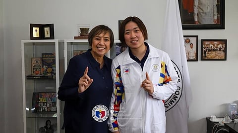KIYOMI Watanabe (right) makes a courtesy call to Philippine Sports commissioner Bong Coo shortly after formally becoming the latest member of Team Philippines in the Paris Olympics.