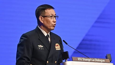 China’s Defense Minister Dong Jun speaks during the 21st Shangri-La Dialogue summit in Singapore on June 2, 2024.