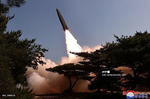 This picture taken on May 17, 2024 and released from North Korea's official Korean Central News Agency (KCNA) on May 18, 2024 shows a test fire of a tactical ballistic missile into which a new autonomous navigation system is introduced in the East Sea of Korea, at an undisclosed location in North Korea.