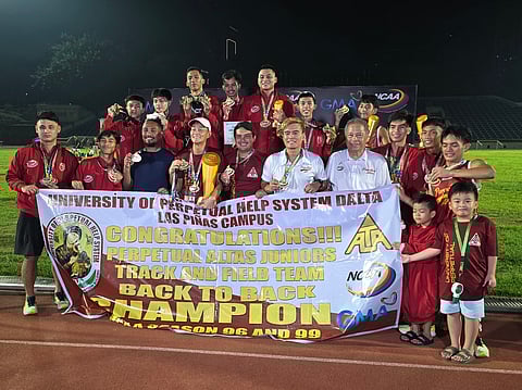 MARVIN Ramos (middle) leads Perpetual Help Junior Altas in clinching their second straight NCAA track and field title over the weekend at the Philsports Complex track oval.