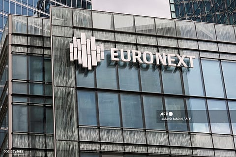 Picture taken on September 14 2023, shows the Euronext building and logo in La Defense area, near Paris.