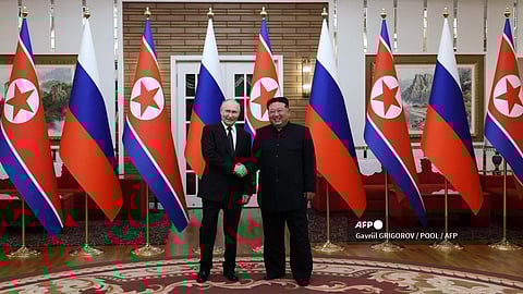 RUSSIA’s President Vladimir Putin (left) shakes hands with North Korea’s leader Kim Jong Un during a meeting in Pyongyang on 19 June 2024. Putin enjoyed a red carpet welcome, a military ceremony and an embrace from Kim during the state visit.