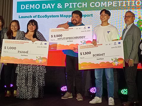 PAMME founder Pamela Mejia (second from left), Mylo Speech Buddy founder and chief executive officer Vincent Rocha (center), BCRemit co-founder and director Jose Angelo Calma (second from right), and QBO Innovation executive director Jay Fajardo.