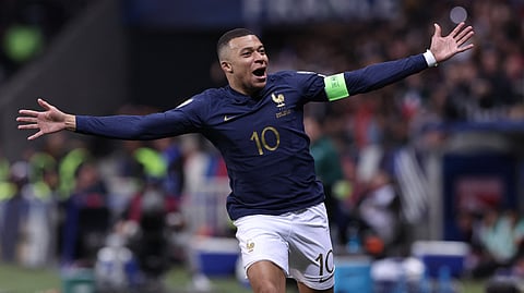 (FILES) France's forward #10 Kylian Mbappe celebrates after scoring a goal during the UEFA EURO 2024 Group B qualifying football match between France and Gibraltar at the Allianz Riviera stadium in Nice, southeastern France, on November 18, 2023. Kylian Mbappe has signed for Real Madrid, according to the club, AFP reports on June 3, 2024.