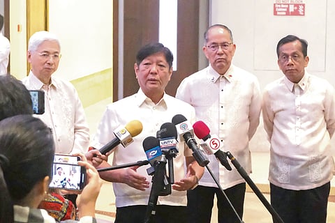 PRESIDENT Ferdinand Marcos Jr., with some of his key Cabinet officials, answers reporters’ questions on various issues like former senator Leila de Lima’s planned collaboration with the International Criminal Court.