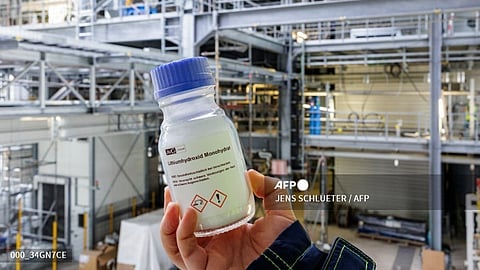 A glass bottle with lithium hydroxide