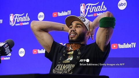 BOSTON, MA - JUNE 17: Jayson Tatum #0 of the Boston Celtics talks to the media after the game against the Dallas Mavericks during Game 5 of the 2024 NBA Finals on June 17, 2024 at the TD Garden in Boston, Massachusetts.