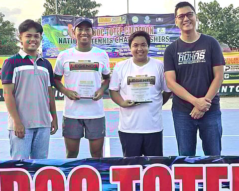 JOHN Mari Altiche (third from left) holds his trophy as he poses with (from left) SK chairman Paolo Garcia, John Accion and Mayor Doc Totep Calderon after topping the first men’s singles Open tournament.