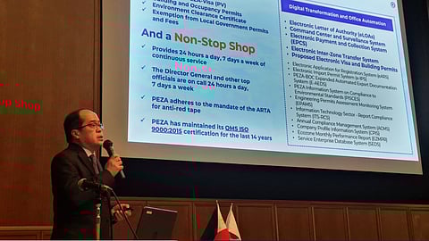 PEZA Director General Tereso Panga delivers his keynote speech at the Philippine Investment Forum co-organized by PTIC Osaka and the Okayama International Business Association to attract high-technology Japanese firms.