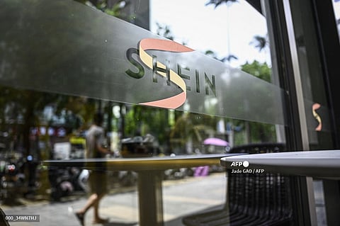 This photo taken on June 11, 2024 shows a logo of fast fashion e-commerce company Shein outside its office in Guangzhou in southern China's Guangdong province.
