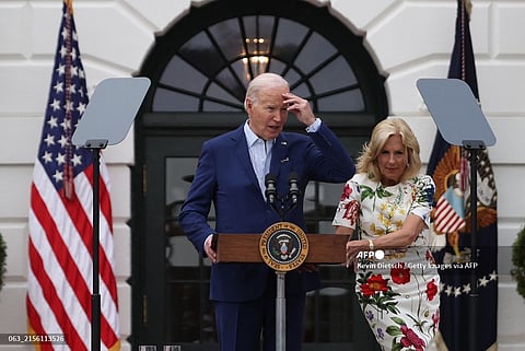 (FILE PHOTO) U.S. President Joe Biden and first lady Jill Biden deliver remarks during the congressional picnic on the South Lawn of the White House on 4 June 2024 in Washington, DC. Biden has dropped out of the 2024 presidential race and has backed VP Kamala Harris