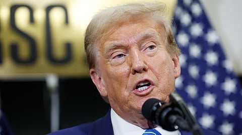 (FILES) Republican presidential candidate, former U.S. President Donald Trump, gives remarks to the press at the National Republican Senatorial Committee building on 13 June 2024 in Washington, DC.