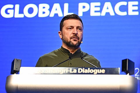 UKRAINE’S President Volodymyr Zelensky speaks during the 21st Shangri-La Dialogue summit at the Shangri-La Hotel in Singapore on 2 June 2024.