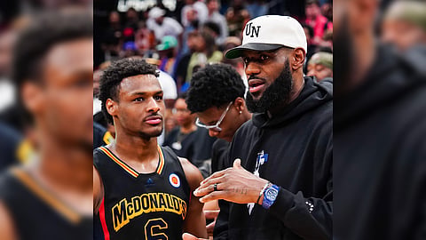LEBRON James (right) and Bronny James are set to become the first father and son to play in the NBA after the Los Angeles Lakers drafted Bronny in the second round of the NBA Rookie Draft.