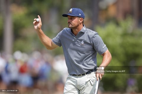 Bryson DeChambeau of the United States reacts after making a par on the sixth hole during the final round of the 124th U.S. Open at Pinehurst Resort on June 16, 2024 in Pinehurst, North Carolina.