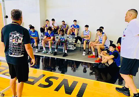 TIM Cone addresses the members of Gilas Pilipinas during the first day of their training at the Inspire Sports Academy in Calamba City.