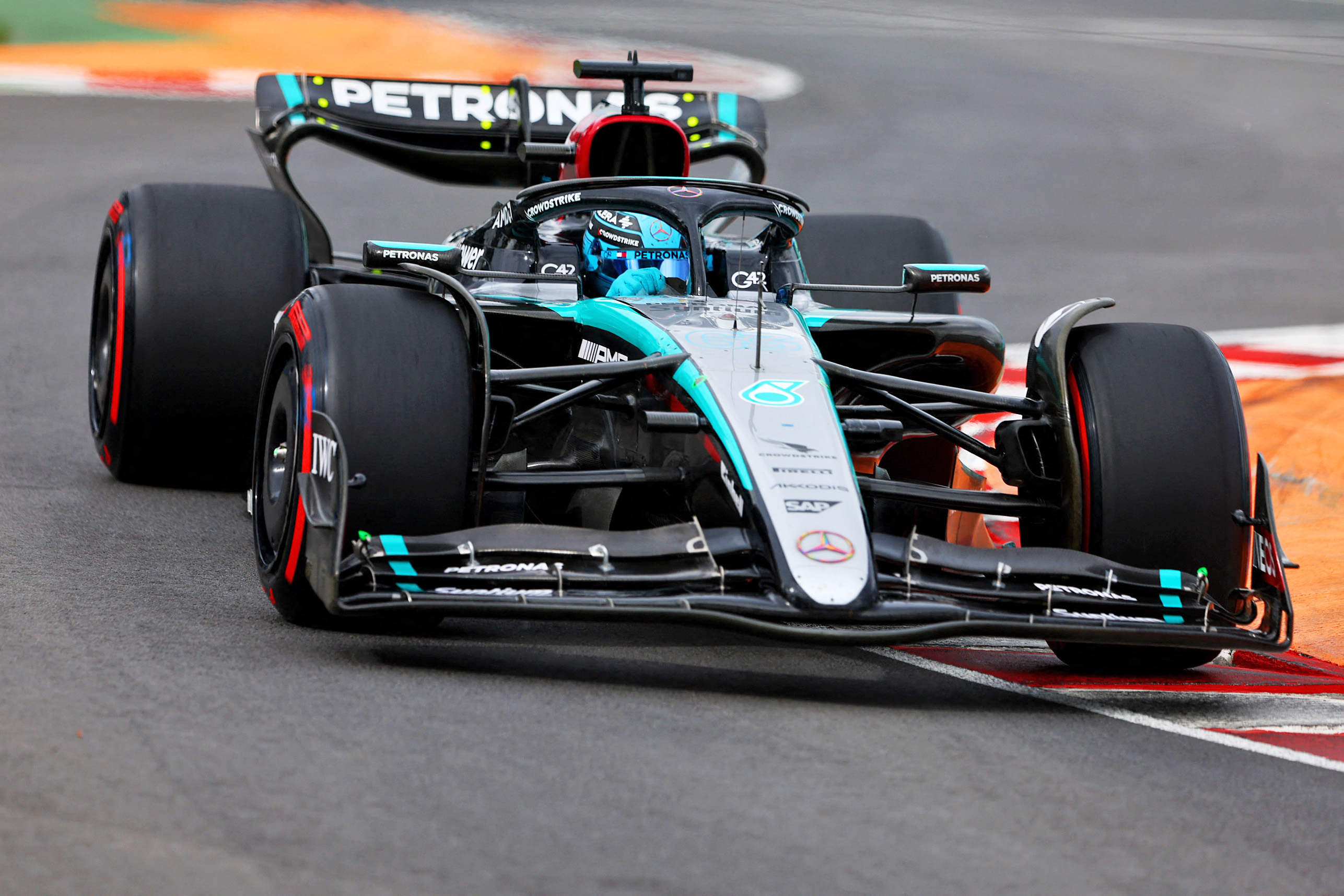 GEORGE Russell drives the (63) Mercedes AMG Petronas F1 Team W15 during the qualifying ahead of the F1 Grand Prix of Canada at Circuit Gilles Villeneuve.