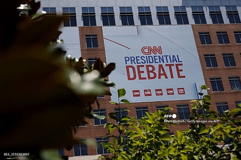Signage for a CNN presidential debate is seen outside of their studios at the Turner Entertainment Networks on June 26, 2024 in Atlanta, Georgia. U.S. President Joe Biden and Republican presidential candidate, former U.S. President Donald Trump will face off in the first presidential debate of the 2024 presidential cycle this Thursday.
