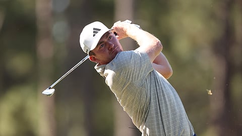PINEHURST, NORTH CAROLINA - JUNE 11: Nick Dunlap of the United States plays his shot from the 15th tee during a practice round prior to the U.S. Open at Pinehurst Resort on June 11, 2024 in Pinehurst, North Carolina.