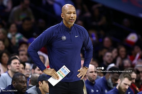 Head coach Monty Williams of the Detroit Pistons looks on during the first quarter against the Philadelphia 76ers at the Wells Fargo Center on April 09, 2024 in Philadelphia, Pennsylvania.