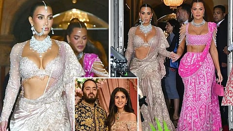 Kim and Khloe Kardashian shine in traditional Indian attire as they arrive for the Ambani wedding celebrations in Mumbai, capturing the spotlight amidst a sea of global celebrities.