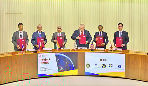 Project Nexus Phase 4 launch and signing ceremony held at Basel, Switzerland shows signatories (from left) Governor Sethaput Suthiwartnarueput of the Bank of Thailand, Bangko Sentral ng Pilipinas Governor Eli Remolona Jr., Governor Shri Shaktikanta Das of Reserve Bank of India, general manager Agustin Carstens of Bank for International Settlements, Governor Datuk Abdul Rasheed Ghaffour of Bank Negara Malaysia and managing director Chia Der Jiun of the Monetary Authority of Singapore.