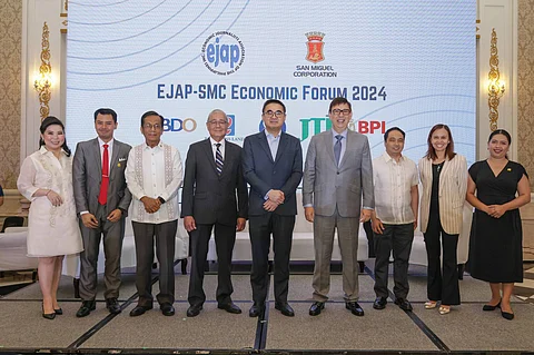 The Economic Journalists Association of the Philippines, in partnership with San Miguel Corporation, held its annual economic forum at Ayuntamiento De Manila in Intramuros. Participants in the discussion of updates and outlook on the state of the domestic economy are (from left) EJAP vice president for external affairs Michelle Ong, EJAP president Neil Jerome Morales, Secretary Arsenio M. Balisacan of the National Economic and Development Authority, Governor Eli Remolona of the Bangko Sentral ng Pilipinas, Secretary Frederick Go, Special Assistant to the President for Investment and Economic Affairs; Secretary Ralph Recto of the Department of Finance; Principal Economist Joselito Basilio of the Department of Budget and Management; National Treasurer Sharon Almanza and EJAP vice president for internal affairs Kris Crismundo.