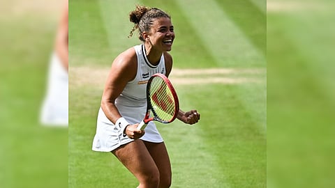 JASMINE Paolini celebrates after pulling off a dramatic 2-6, 6-4, 7-6 (10/8) victory over Donna Vekic in the women’s singles semifinals of the Wimbledon.
