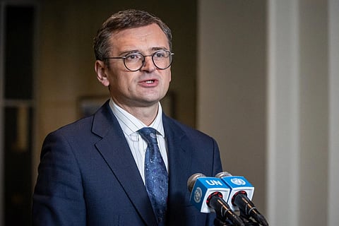 (FILE) Ukrainian Foreign Minister Dmytro Kuleba during a press conference at UN Headquarters in New York City on Friday.