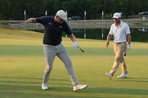 England's Harry Hall reacts after chipping in for birdie to win the PGA Tour ISCO Championship in a sudden-death playoff