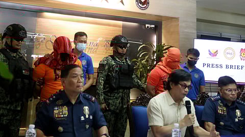 DILG Sec. Benhur Abalos, PNP chief Gen. Rommel Marbil, and other officials presented the two suspects in the killing of Israeli National Yitshak Cohen and his beauty queen fiancee Geneva Lopez to the media on Monday, 8 July 2024, at the PNP Headquarters in Camp Crame in Quezon City.