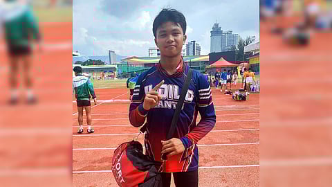 CHARLES Turla smiles after dominating the elementary boys’ javelin throw event in record-breaking fashion on Friday at the Cebu City Sports Center.