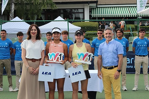 Alex Eala (left) and French partner Estelle Cascino snatch their second women’s doubles title after downing Lia Karatancheva of Bulgaria and Diana Marcinkevica of Latvia, 6-3, 2-6, 10-4, Saturday in the W100 Vitoria-Gasteiz at the Peña Vitoriana Tenis Club in Spain.