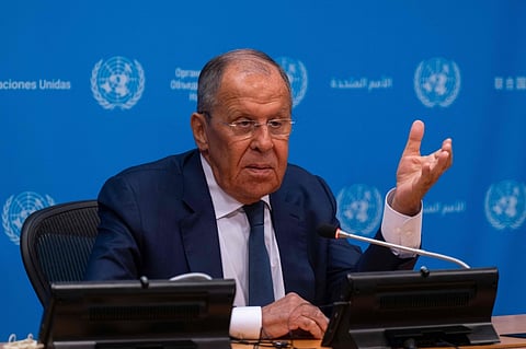 Sergey Lavrov, Minister for Foreign Affairs of the Russian Federation, holds a press briefing at the United Nations headquarters on July 17, 2024 in New York City.