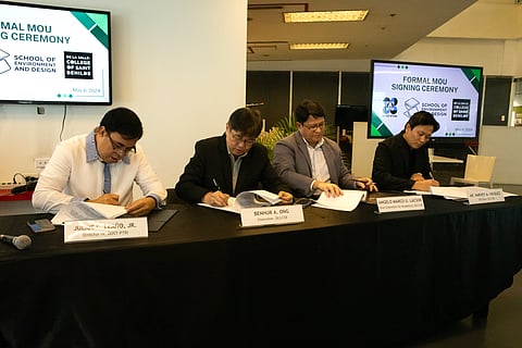 (FROM left) DOST-PTRI Director IV Dr. Julius Leaño Jr., Benilde chancellor Benhur Ong, Benilde vice chancellor for academics Angelo Marco Lacson and Benilde SED Dean Ar. Harvey Vasquez sign the MoU during the ceremonial event held at Benilde Design+Arts Campus.