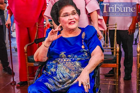 Former First Lady Imelda Marcos arrives with Senator Imee Marcos at a gathering the family and friends organized for her 95th birthday celebration at their house in San Juan City on July 03, 2024. Photos by Yummie Dingding