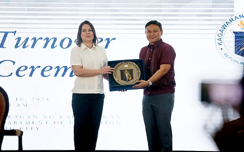 In comes Angara Vice President Sara Duterte formally endorses to Senator Juan Edgardo ‘Sonny’ Angara the education portfolio on Thursday, welcoming the new Department of Education secretary to his new office in Pasig City Thursday.