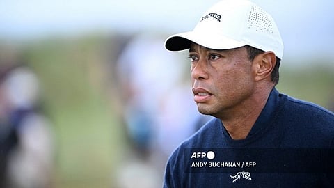 US golfer Tiger Woods reacts after driving from the 4th tee during his second round, on day two of the 152nd British Open Golf Championship at Royal Troon on the south west coast of Scotland on July 19, 2024.