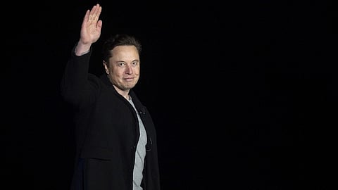In this file photo taken on February 10, 2022 Elon Musk gestures as he speaks during a press conference at SpaceX's Starbase facility near Boca Chica Village in South Texas. Photo by JIM WATSON / AFP