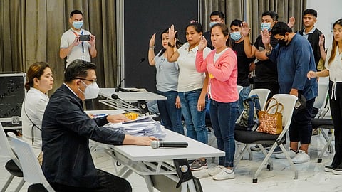 The Department of Justice kicks off the preliminary hearing into the illegal recruitment and large-scale estafa cases involving 52 alleged Alpha Assistenza SRL scam victims. The agency big shots, Krizelle Respicio and Frederik Dutaro, were a no-show at Friday’s hearing. Assistant State Prosecutor Phillip dela Cruz declared the case submitted for resolution. | PHOTOGRAPH BY Alvin Joseph Kasiban FOR THE DAILY TRIBUNE