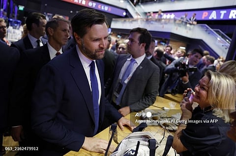 MILWAUKEE, WISCONSIN - JULY 17: Republican vice presidential candidate, U.S. Sen. J.D. Vance (R-OH) greets supporters near the Republican National Convention at the Fiserv Forum on July 17, 2024 in Milwaukee, Wisconsin. Delegates, politicians, and the Republican faithful are in Milwaukee for the annual convention, concluding with former President Donald Trump accepting his party's presidential nomination. The RNC takes place from July 15-18.
Anna Moneymaker/Getty Images/AFP
Anna Moneymaker / GETTY IMAGES NORTH AMERICA / Getty Images via AFP
