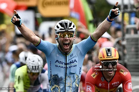 MARK Cavendish celebrates after posting his 35th stage victory in the Tour de France.