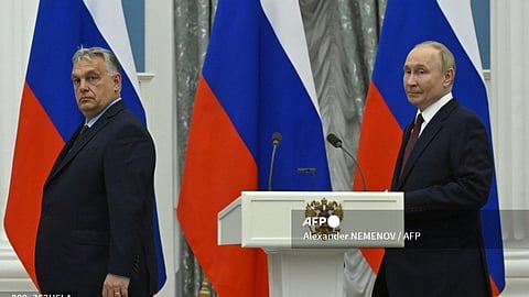 Russia's President Vladimir Putin and Hungary's Prime Minister Viktor Orban arrive to deliver a joint press statement following their talks at the Kremlin in Moscow on July 5, 2024.
Alexander NEMENOV / AFP