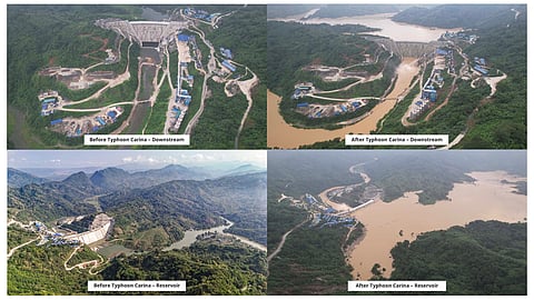 Aerial shots show flood water entering the Upper Wawa Dam reservoir and how the dam’s controlled impoundment reduced the impact of flooding caused by typhoon ‘Carina.’