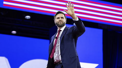 Sen. J.D. Vance (R-Ohio) waves as he departs a session during CPAC at the Gaylord National Resort and Convention Center in National Harbor, Maryland, on 23 Feb. 2024. | Francis Chung/POLITICO