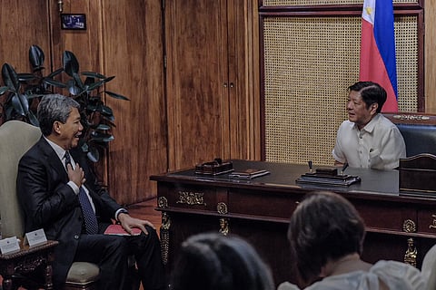 President Ferdinand R. Marcos Jr. welcomes the Minister of Foreign Affairs of Malaysia, His Excellency YB Dato' Seri Utama Haji Mohamad Bin Haji Hasan, at Malacañang Palace in Manila on Monday, July 1, 2024, during his courtesy call.