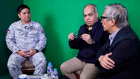Commander John Pierce Alcos (left), director for Naval Public Affairs Office of the Philippine Navy, outlines the military branch's modernization program to Daily Tribune editors Chito Lozada (center) and Teddy Montelibano.